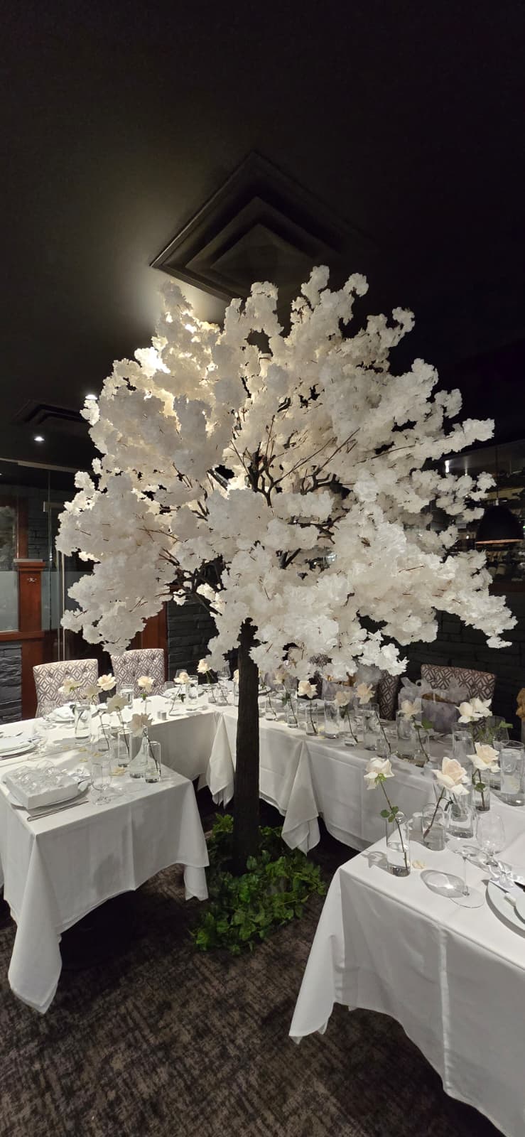 Elegant and beautiful white cherry blossom tree setup for a corporate event in Toronto.