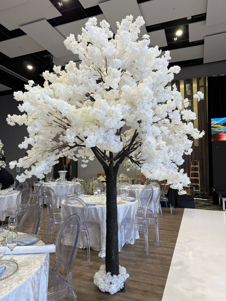 Tall faux cherry blossom tree with white flowers for event décor in Mississauga, Brampton, and Vaughan