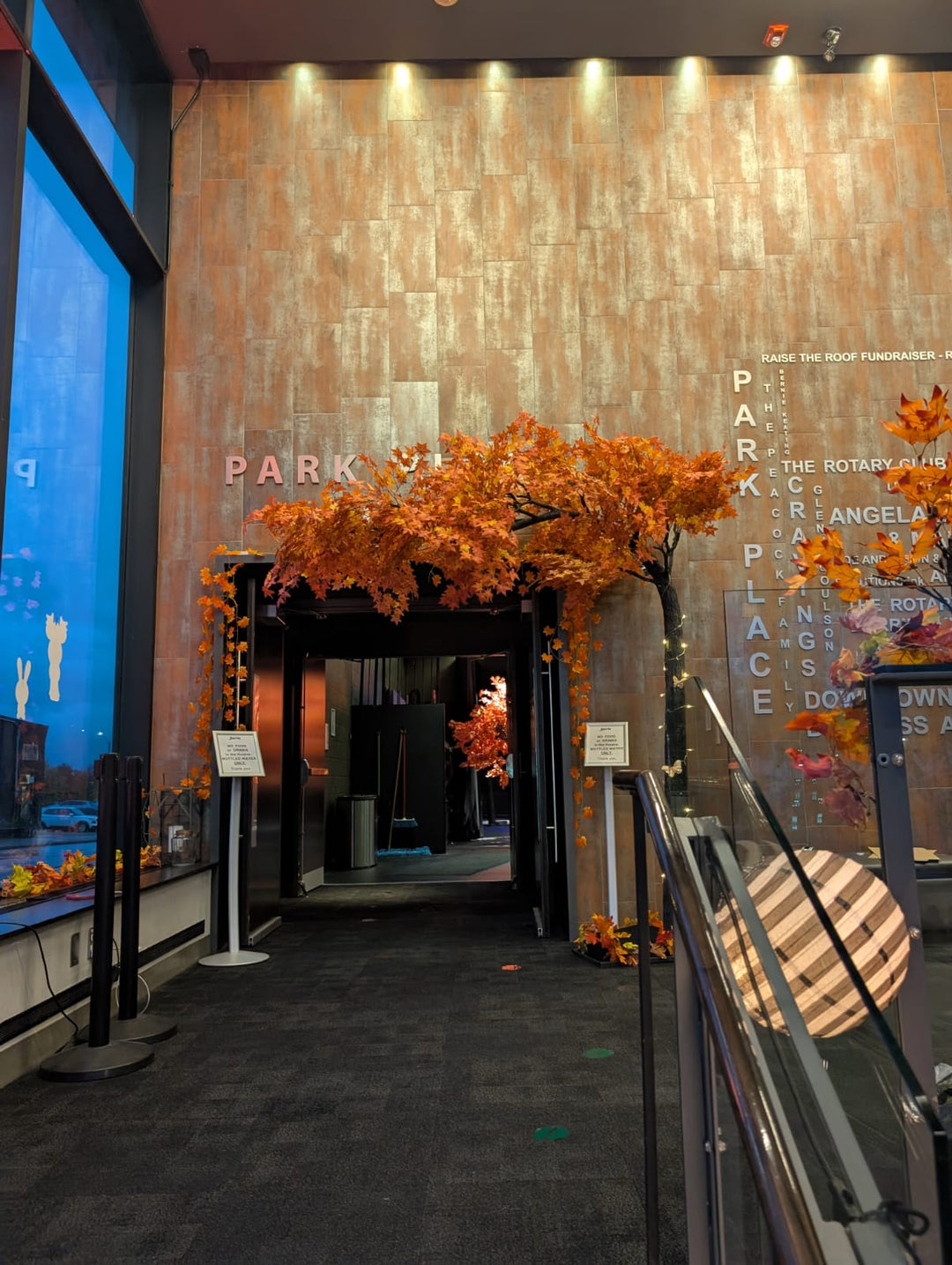 Artificial maple arch tree setup at Five Points Theater, Barrie.