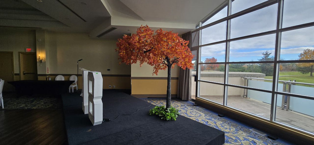 Artificial maple arch tree setup used for a touch of fall at Lionhead Golf and Conference Center.