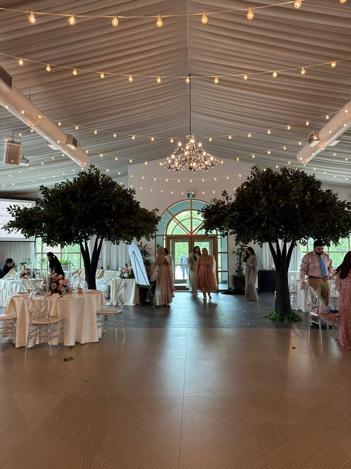12ft Artificial ficus tree rental enhancing an event at Royal Ambassador Gold Hall in GTA