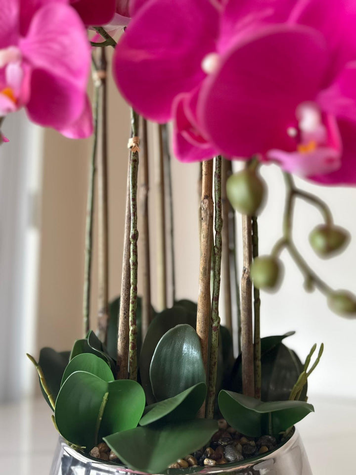 Real Touch Bright Pink Orchid Arrangement with Silver Vase