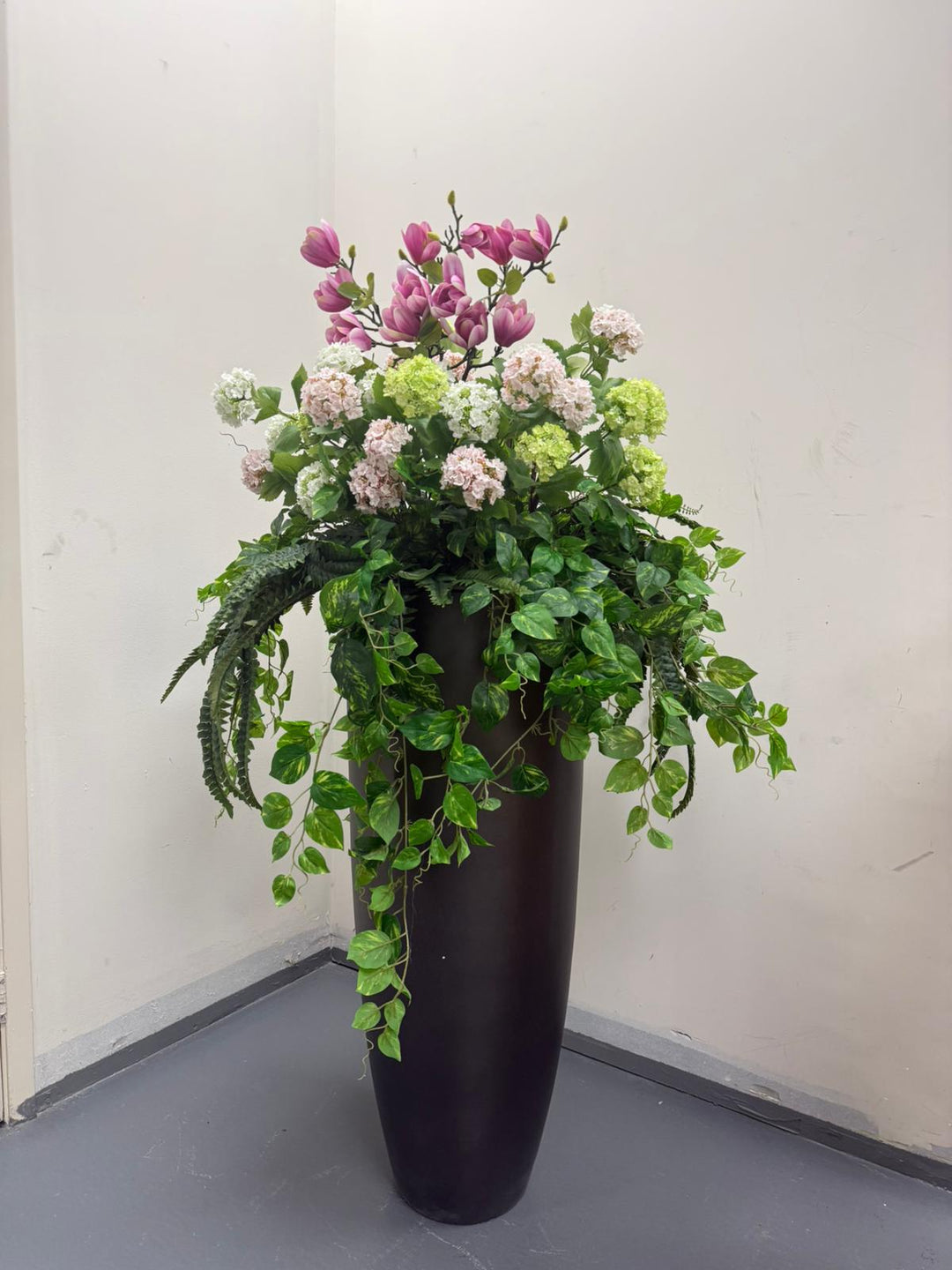 Luxury Artificial Magnolia & Hydrangea Floral Arrangement in Black Planter | Faux Indoor Statement Display