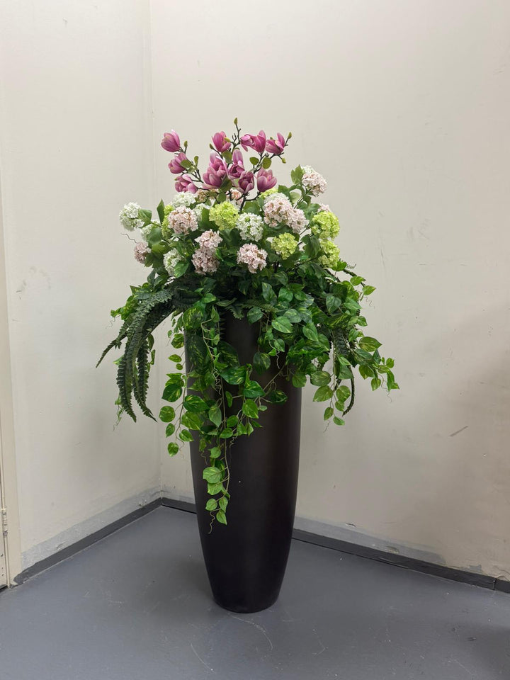 Luxury Artificial Magnolia & Hydrangea Floral Arrangement in Black Planter | Faux Indoor Statement Display