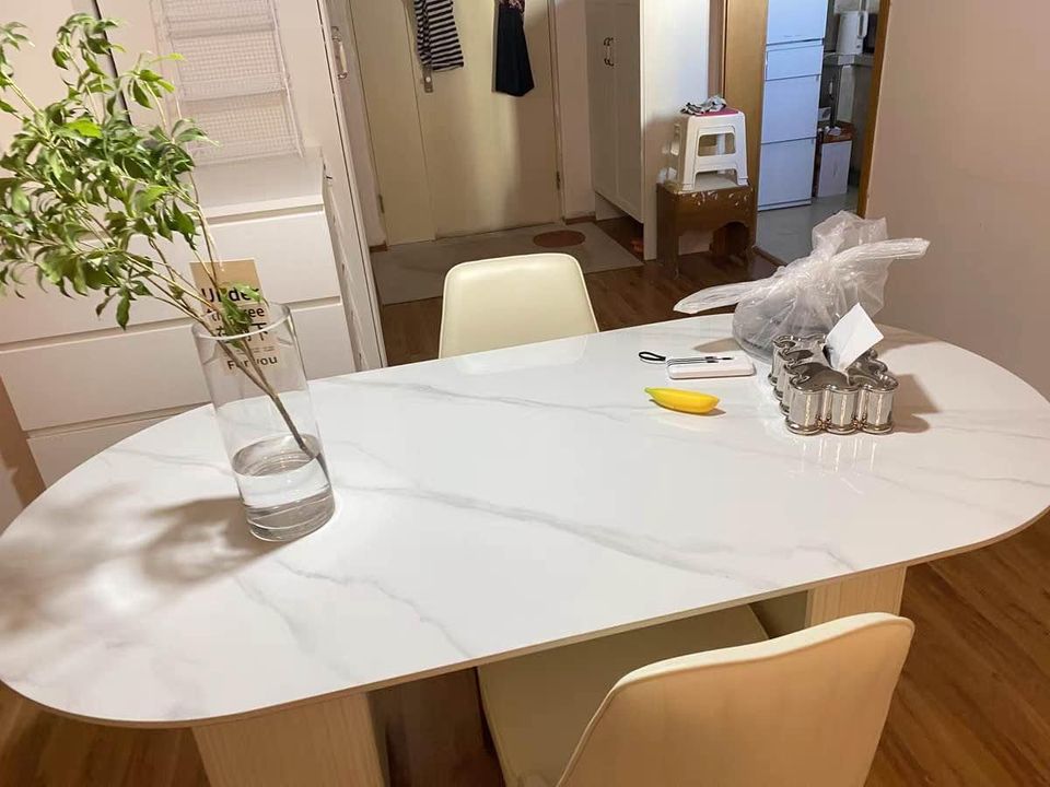 63"Modern Minimalist White Oval Glossy Sintered Stone Dining Table