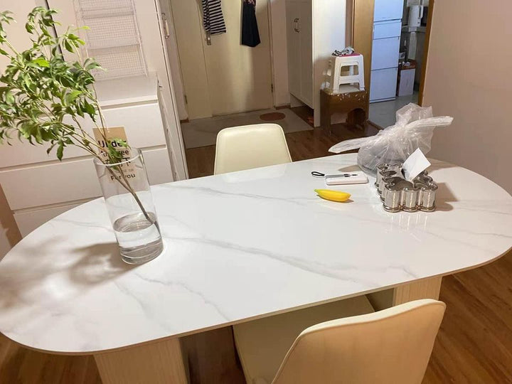 63"Modern Minimalist White Oval Glossy Sintered Stone Dining Table