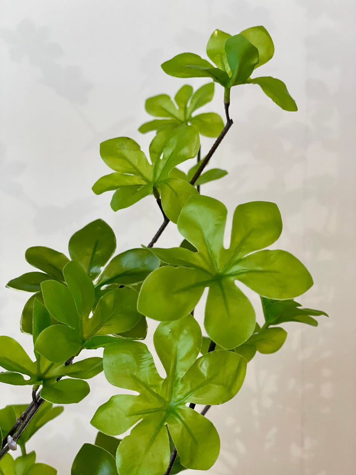 Close-up of artificial Japanese bell tree leaves showing soft silk texture and fine detailing.
