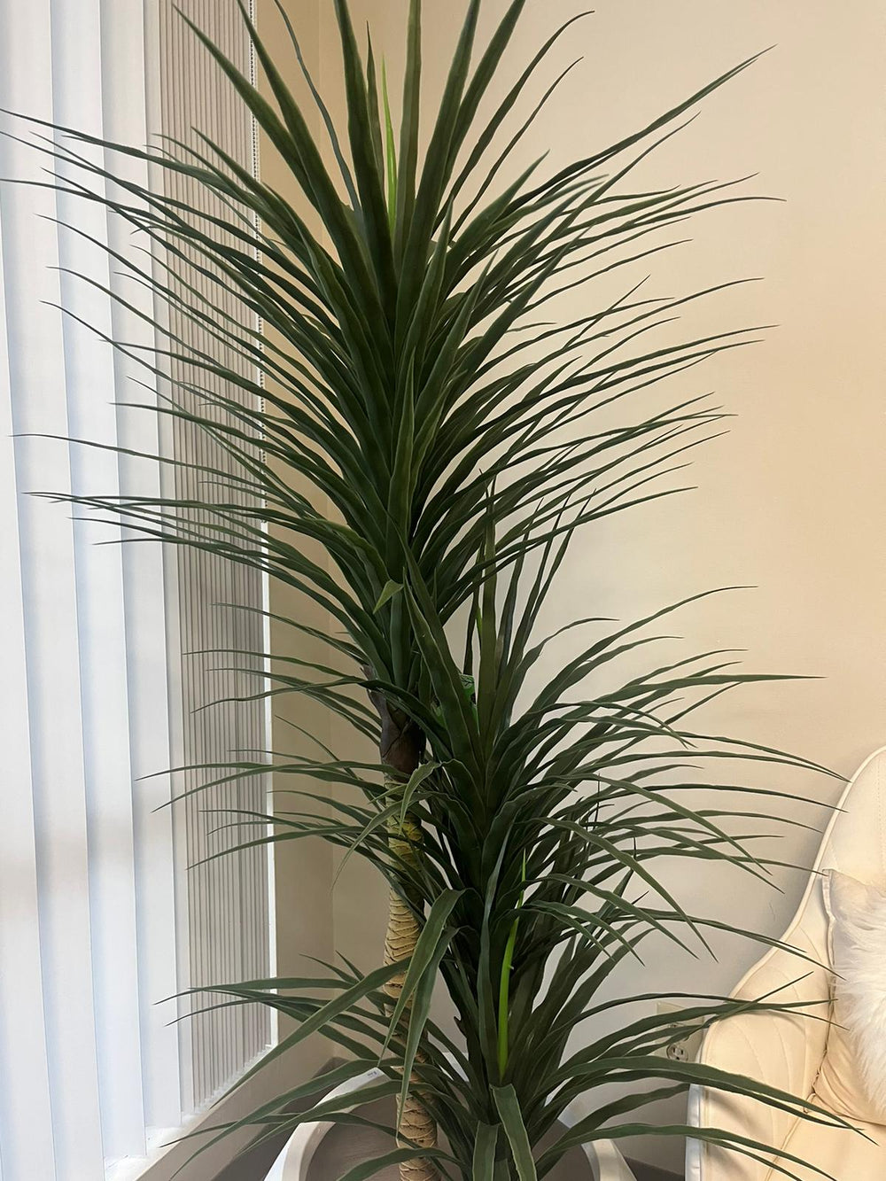 Tall artificial Dracaena plant with spiky green leaves in a modern indoor setting, adding a sleek, tropical aesthetic to any room decor.