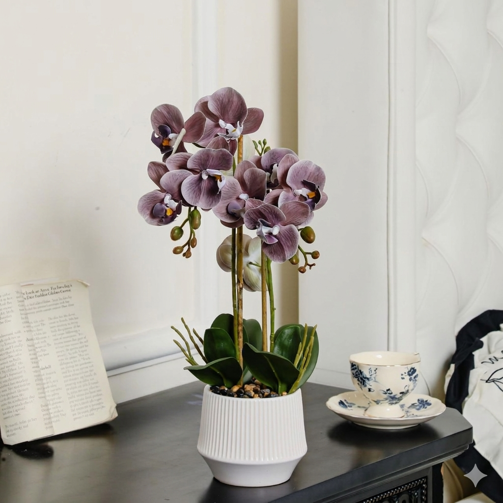 Purple orchid in a white pot on a table with a book and teacup in the background.