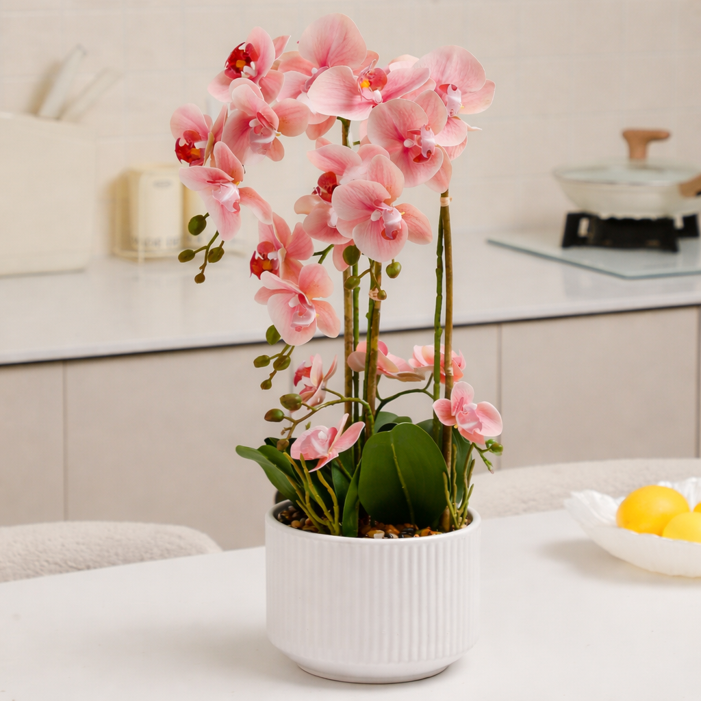 Pink orchid arrangement in a white pot on placed on a kitchen counter.