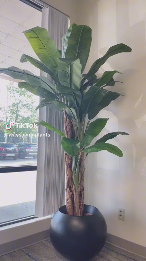 Tall artificial banana plant with broad, realistic green leaves, standing in a white ceramic planter, placed in a bright indoor setting with neutral-colored walls and carpeted flooring