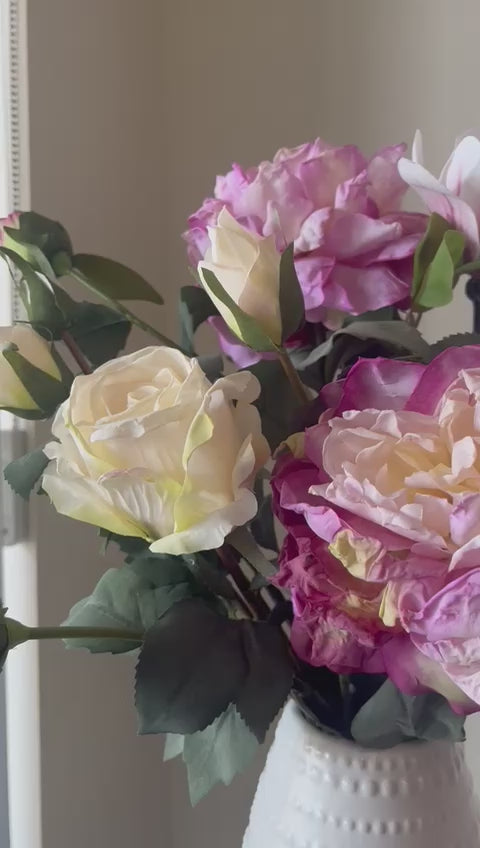 Artificial Peony Floral Arrangement in White Textured Vase