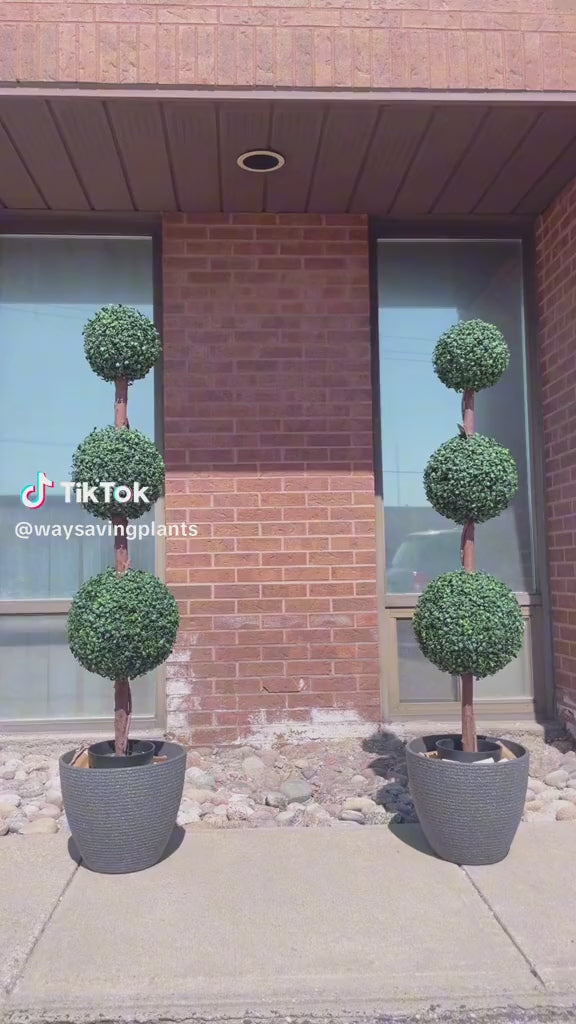 Pair of outdoor artificial topiary trees featuring three ball-shaped tiers in stylish black planters, perfect for enhancing entryways, patios, or garden spaces with a touch of modern greenery