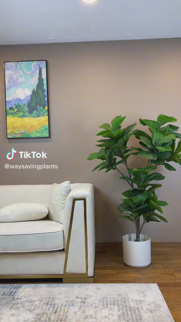 This fiddle-leaf fig tree in a sleek white pot adds a fresh and modern touch to the space, perfectly balancing the minimalistic decor with its vibrant greenery.
