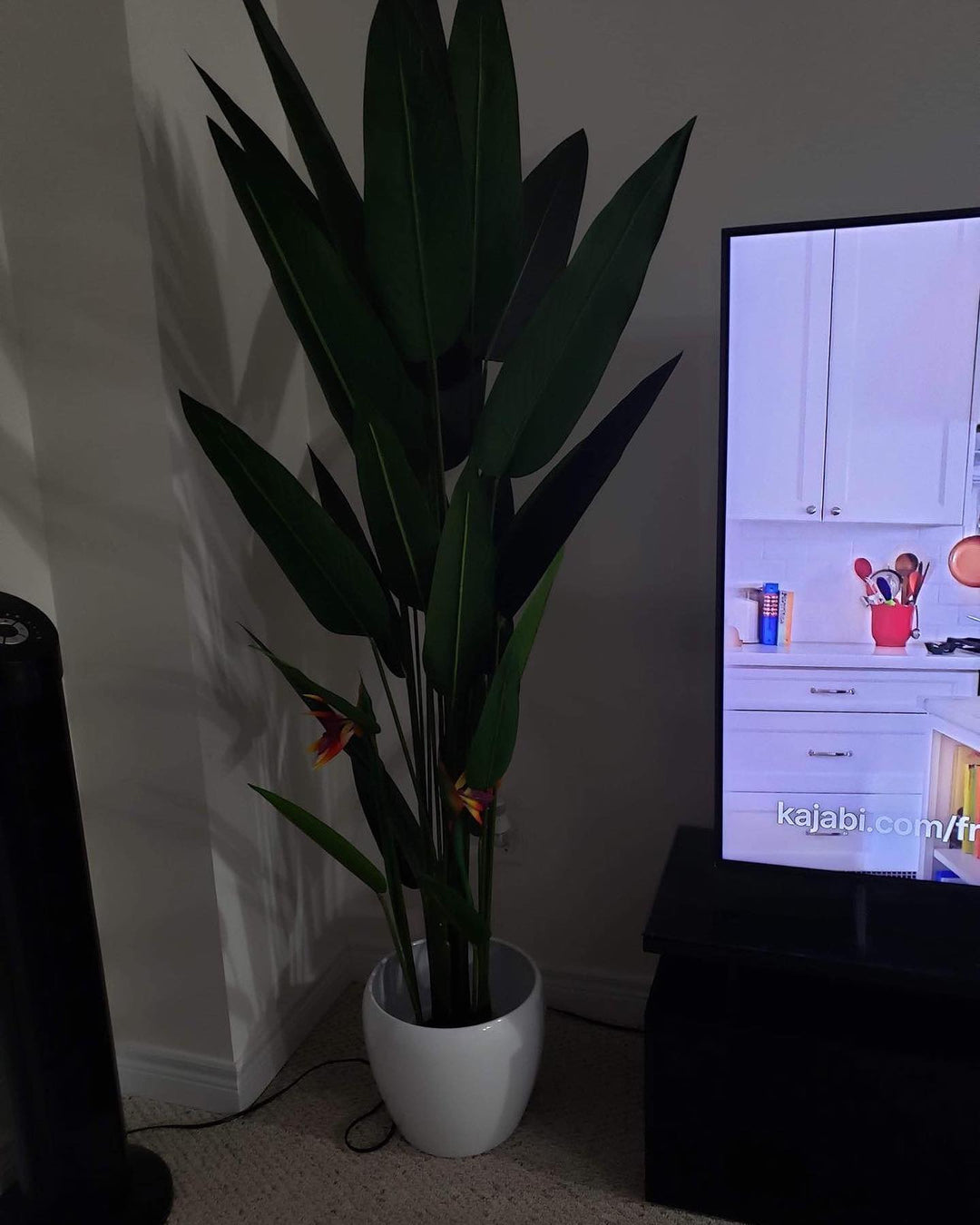 A tall artificial bird of paradise plant with large green leaves and bright orange flowers is placed in a white pot next to a television. The plant adds a touch of natural beauty to the living room, contrasting with the dark shadows and light from the TV screen. A black fan and some cables are visible nearby, contributing to the cozy indoor setting.