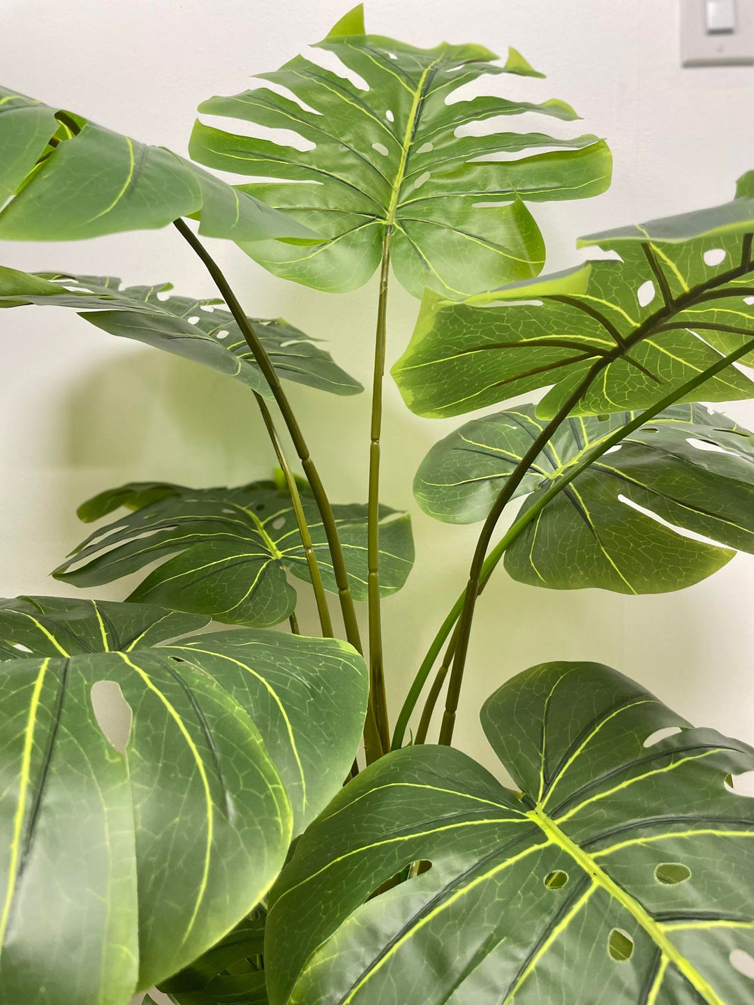 Close-up view of artificial monstera plant stems, featuring vibrant green shades and a natural texture. The image captures the details of the stems with a blurred foreground leaf, adding depth and realism to the plant's appearance.