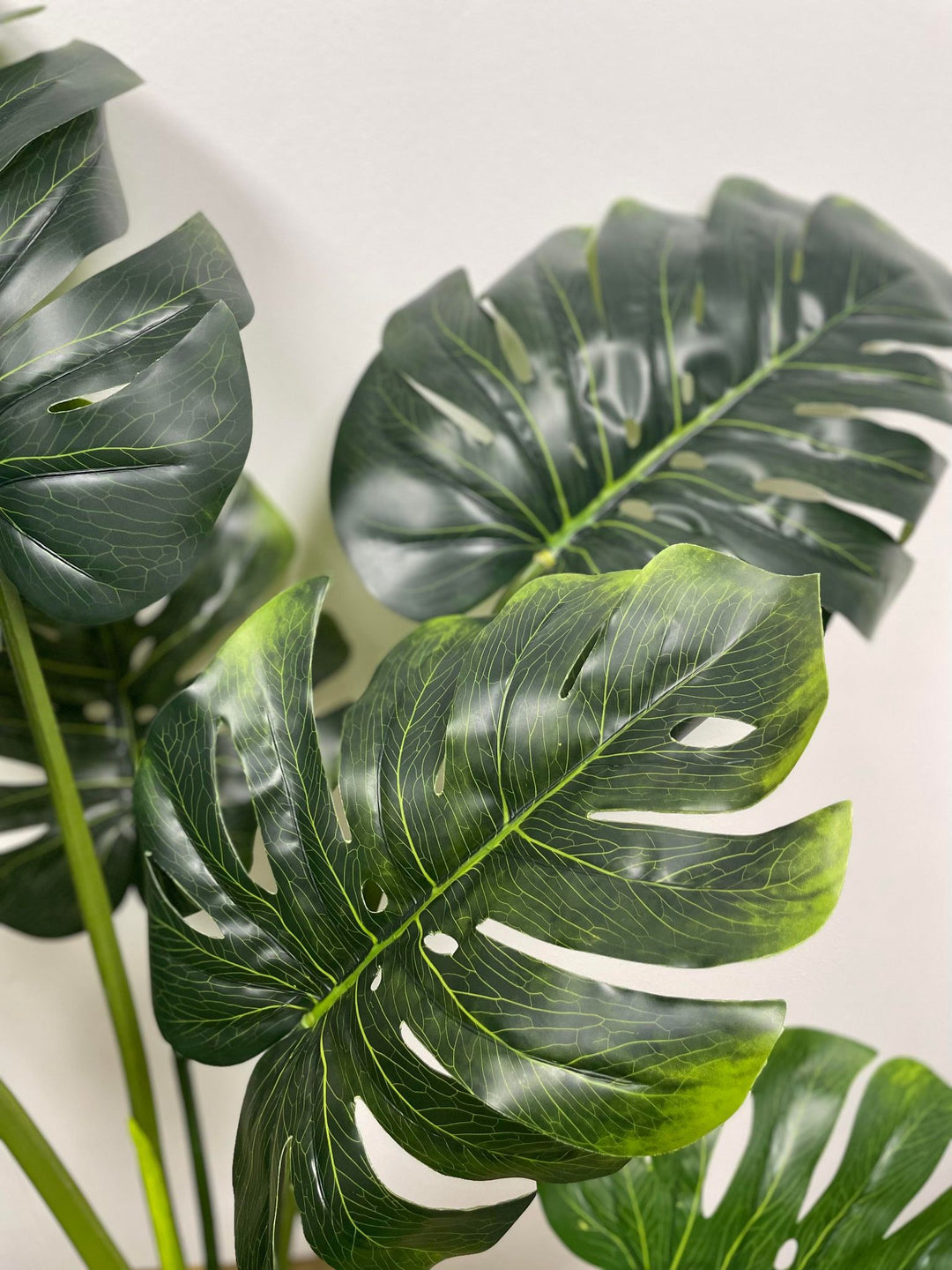 Close-up of artificial monstera leaves showcasing their large, glossy, dark green surface with realistic-looking veins and distinctive splits. The leaves are arranged against a neutral background, emphasizing their lush, tropical appearance