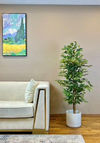 An elegant indoor setting featuring a sleek white couch and a vibrant green potted plant, complemented by a colorful landscape painting on the wall.