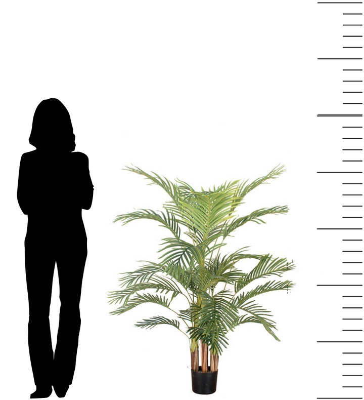 Scale comparison of a 4.3 ft artificial palm tree in a black planter next to a silhouette of a person for size reference.