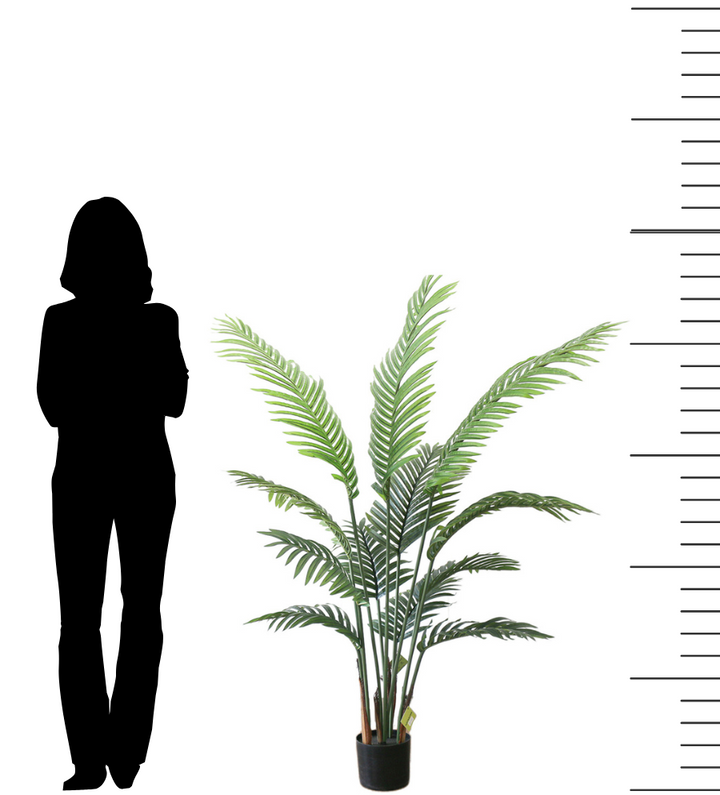 Artificial palm tree 4.8 feet tall, placed next to a silhouette of a person for size comparison. The palm has long, slender green leaves that arch outward from its thin trunks, giving it a natural and tropical appearance. The palm is housed in a small black pot.