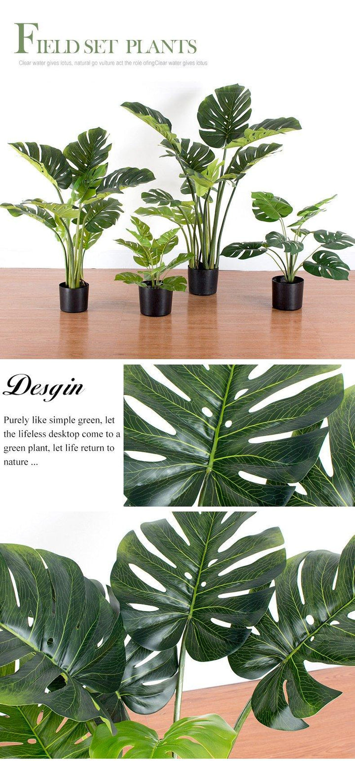Collection of artificial monstera plants in various sizes, displayed in black pots on a wooden surface. The image highlights the realistic design and intricate details of the leaves, showcasing their natural texture and vibrant green color. Perfect for adding a touch of nature to any interior space
