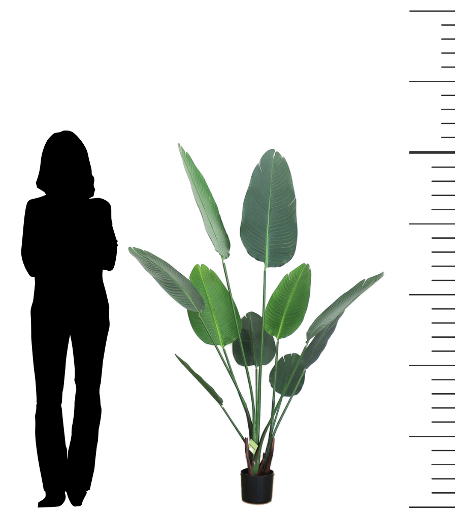 Artificial banana leaf plant in a black pot, shown next to a silhouette of a person for scale, highlighting the plant's height of 5.3 feet.