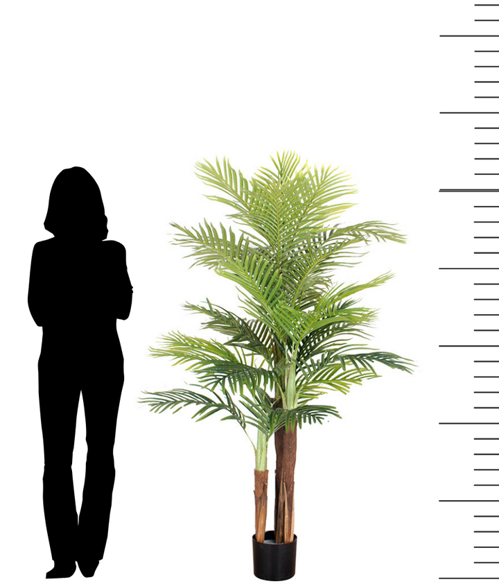 Scale comparison of a 5.5 ft artificial palm tree in a black planter next to a silhouette of a person for size reference.