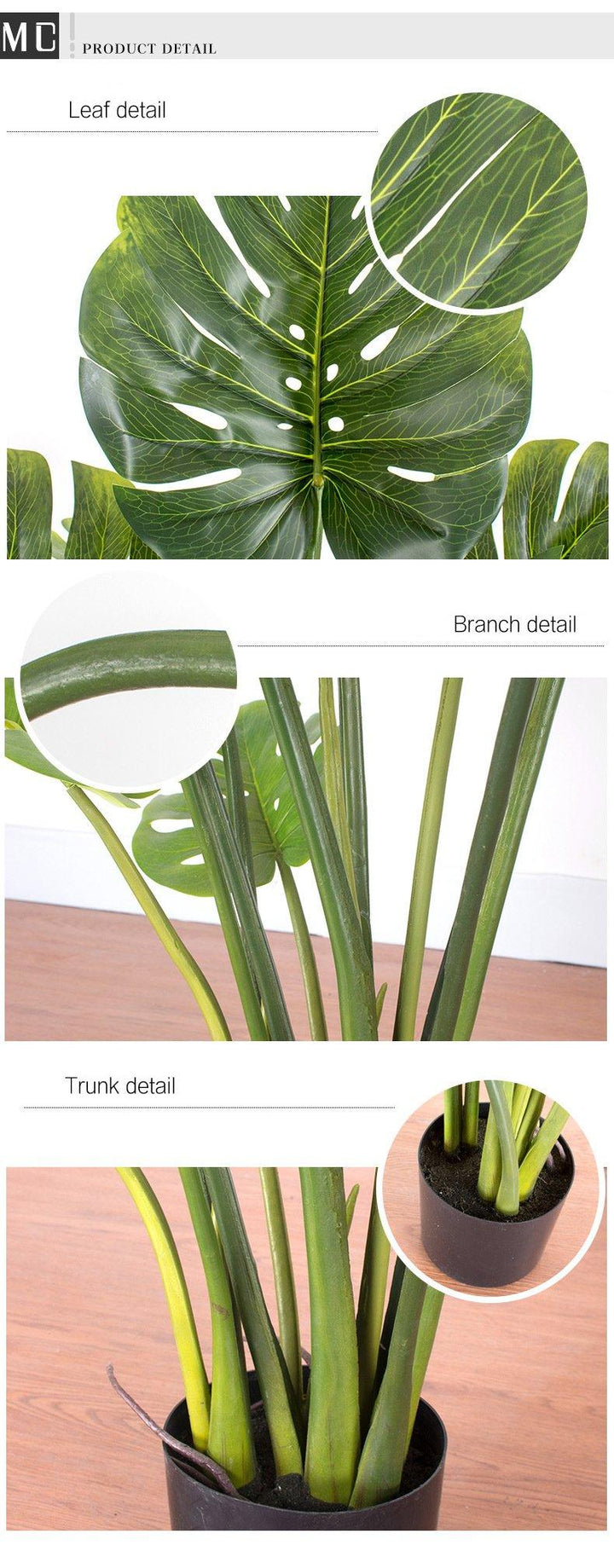 Detailed view of an artificial monstera plant, showcasing its realistic leaf, branch, and trunk textures. The image highlights the intricate design and lifelike appearance of the plant's leaves with prominent veins, sturdy branches, and a well-crafted trunk in a black pot