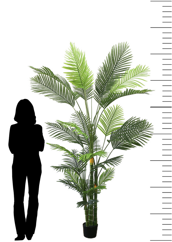Tall artificial palm tree with lush green leaves, displayed next to a silhouette for scale, showing its impressive height and fullness.
