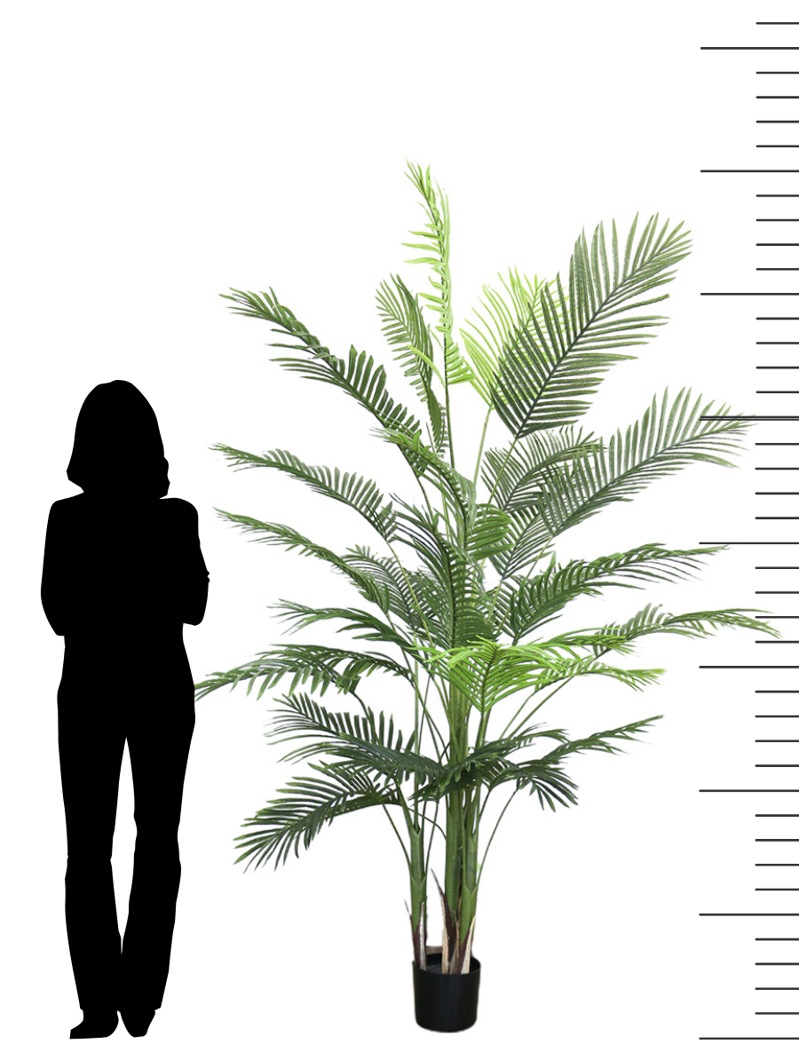 A tall artificial palm tree in a black planter, displayed next to a silhouette for size comparison, standing approximately 7 feet tall. The tree features lush, green leaves that extend outwards, creating a full and vibrant appearance.
