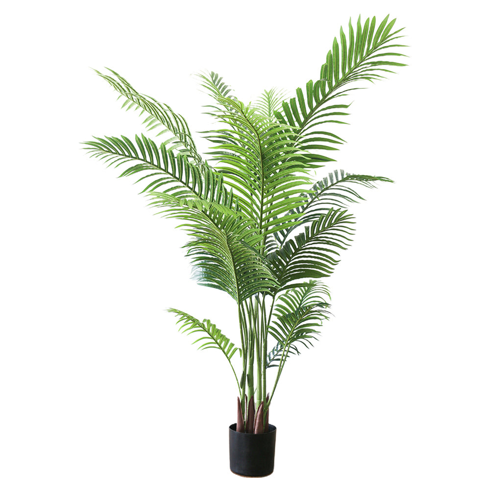 Artificial palm tree in a black pot with realistic green leaves and multiple stems, designed to resemble a natural palm plant.