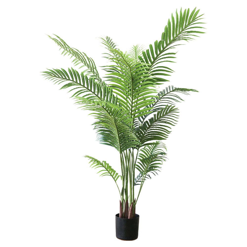 Artificial palm tree in a black pot with realistic green leaves and multiple stems, designed to resemble a natural palm plant.