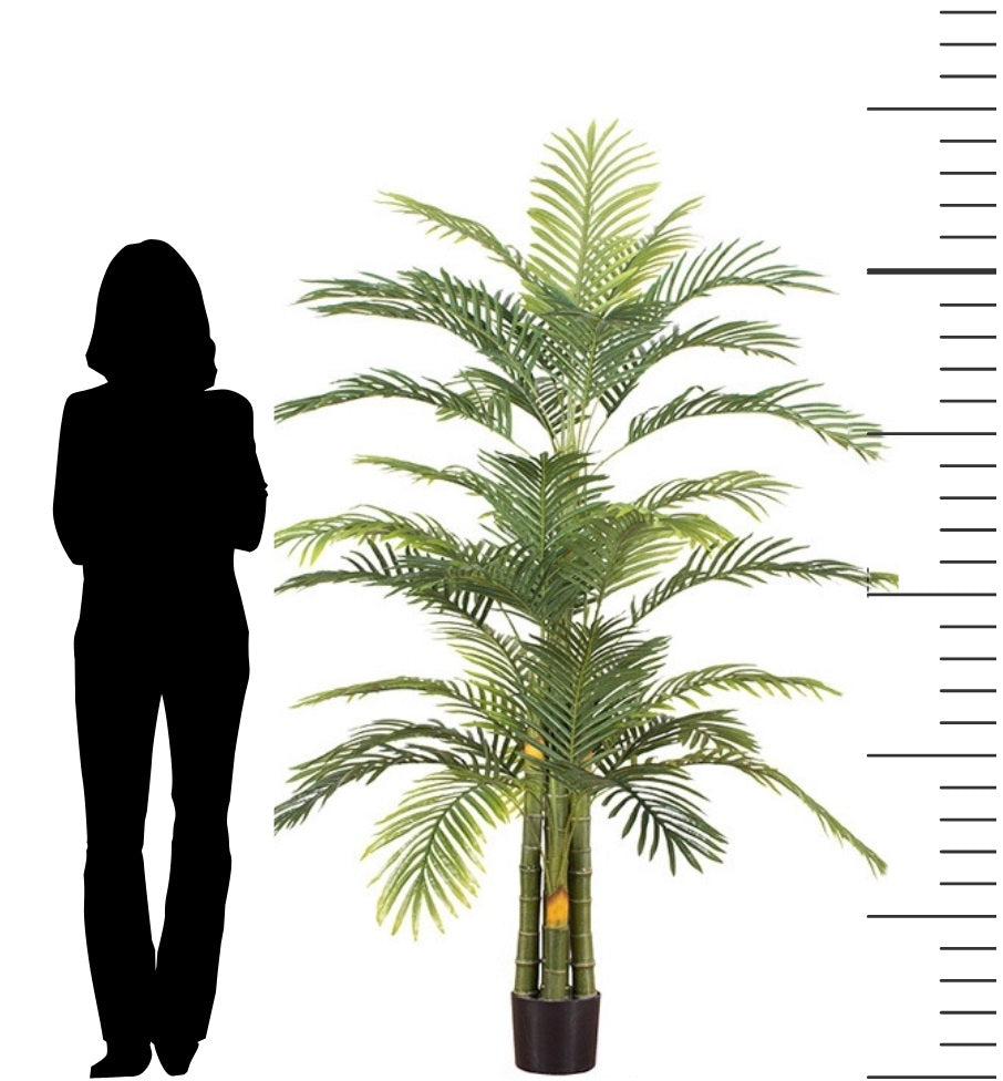 Large artificial palm tree plant with lush green feathery fronds, providing a tropical and natural look for indoor decor and creating a sense of scale against the silhouette of a person shown for size reference.