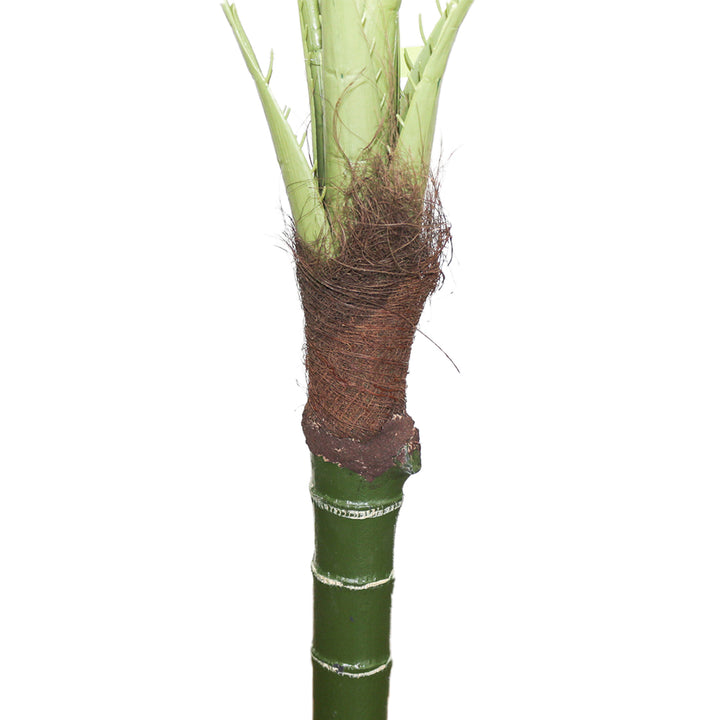 Artificial palm tree with realistic trunk and fiber detailing, ideal for home or office decoration.