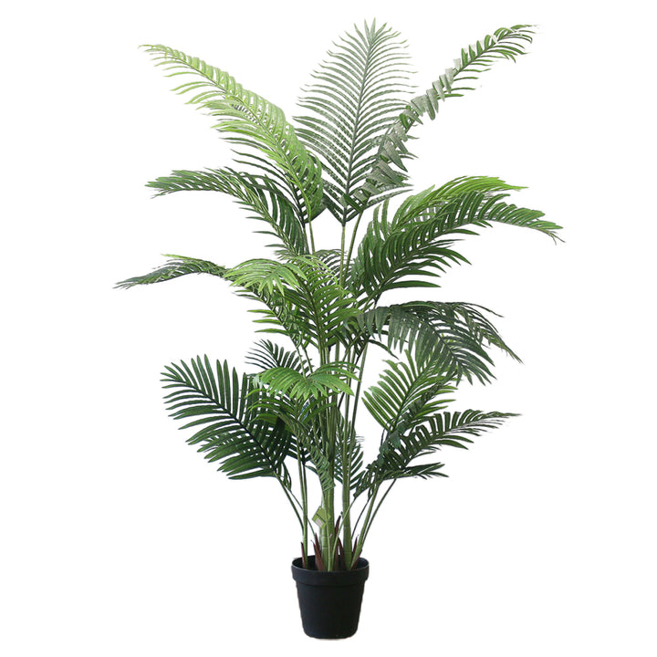 Artificial palm tree in a black pot with realistic green leaves and multiple stems, designed to resemble a natural palm plant.