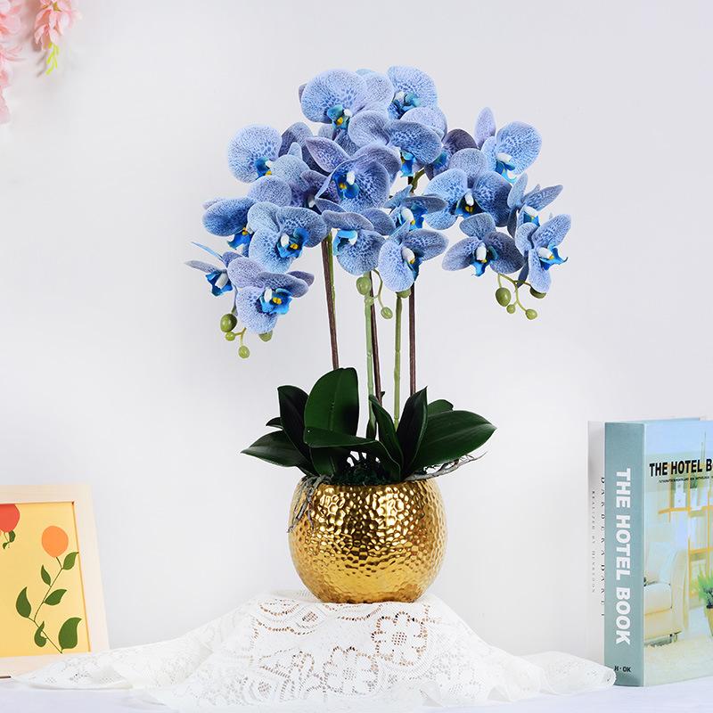 Orchidée Artificielle - Bleu avec Vase Or