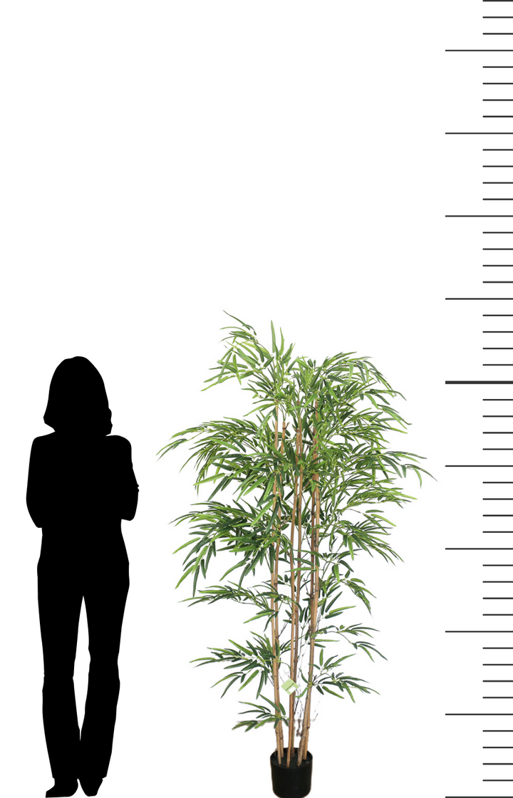 6ft artificial bamboo palm plant in a black pot, shown with a silhouette for scale.