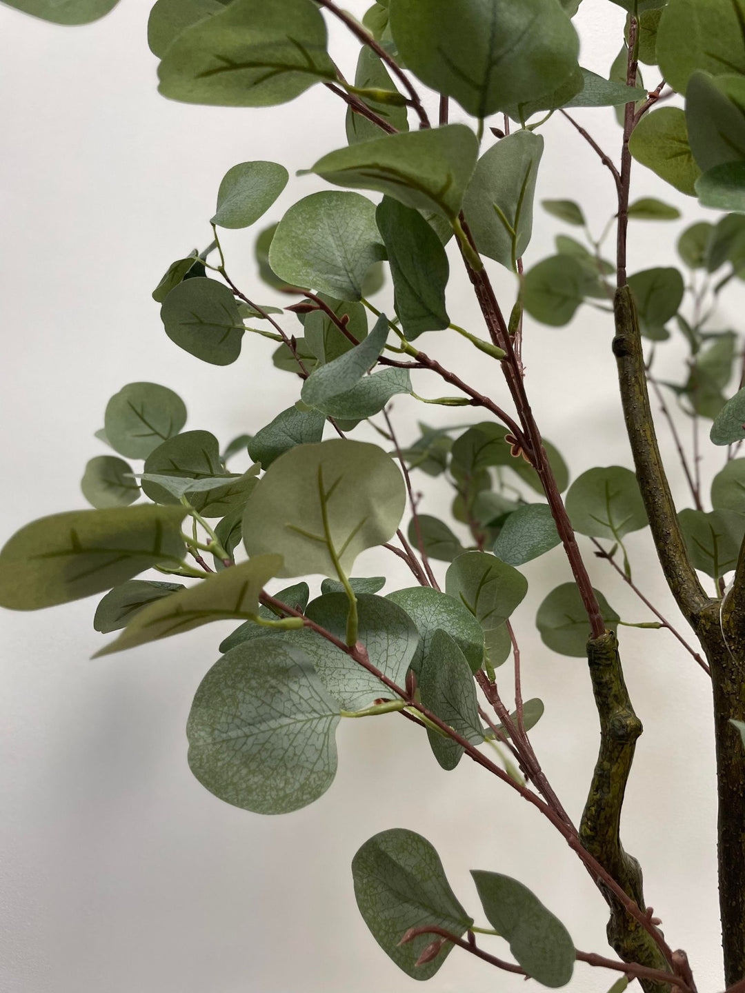 Close-up of artificial eucalyptus leaves showing natural shading and silk-polyester texture.