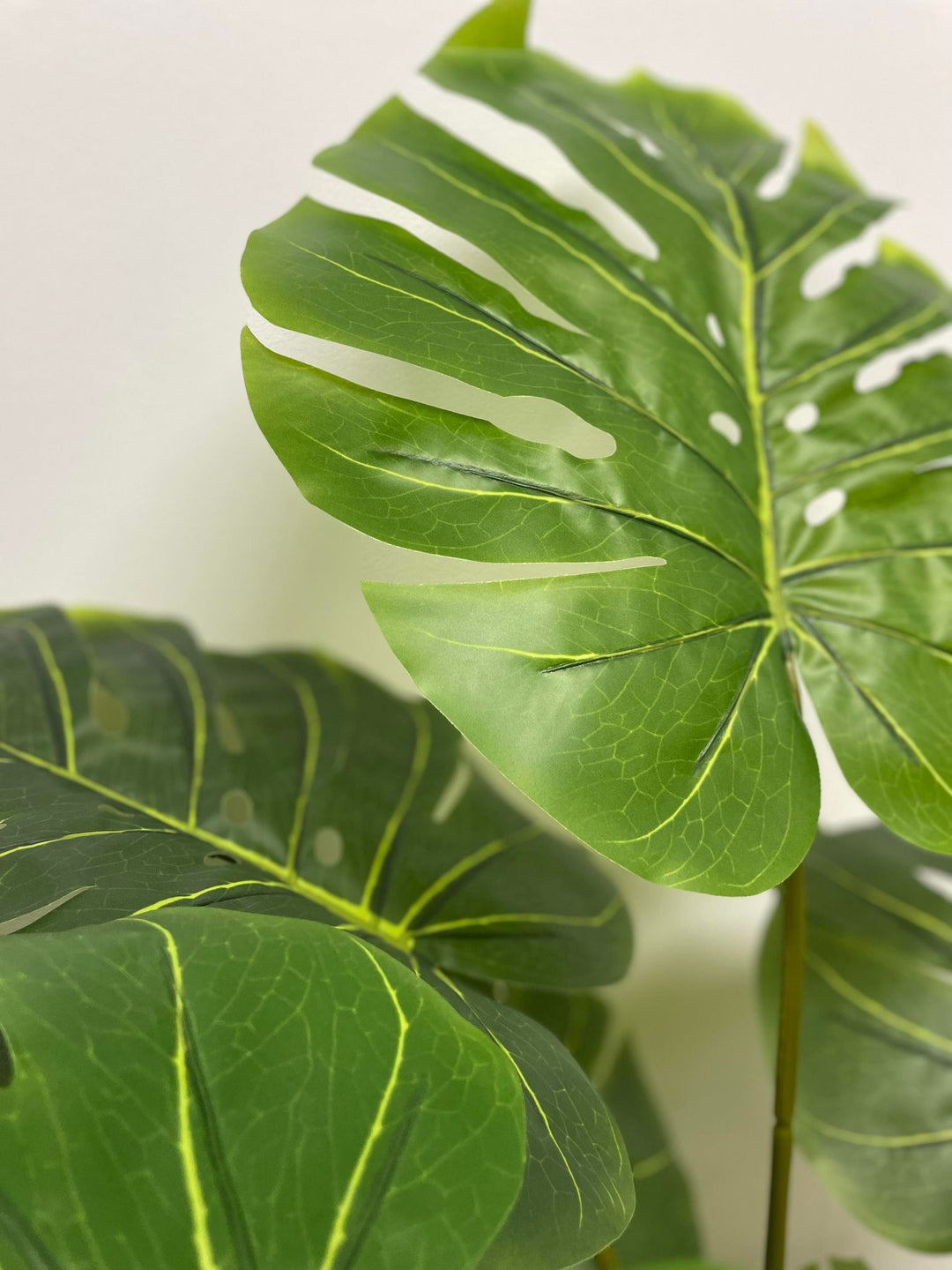 Close-up of artificial monstera leaves showcasing their large, glossy, dark green surface with realistic-looking veins and distinctive splits. The leaves are arranged against a neutral background, emphasizing their lush, tropical appearance.