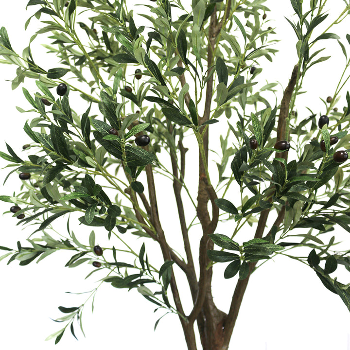 fake plants for home. Close-up view of the artificial olive tree's leaves and small dark olives, showing the detailed texture and realistic design of the foliage against a neutral background