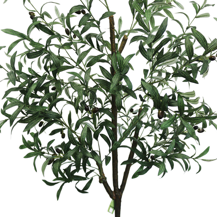 Close-up view of the artificial olive tree's leaves and small dark olives, showing the detailed texture and realistic design of the foliage against a neutral background.